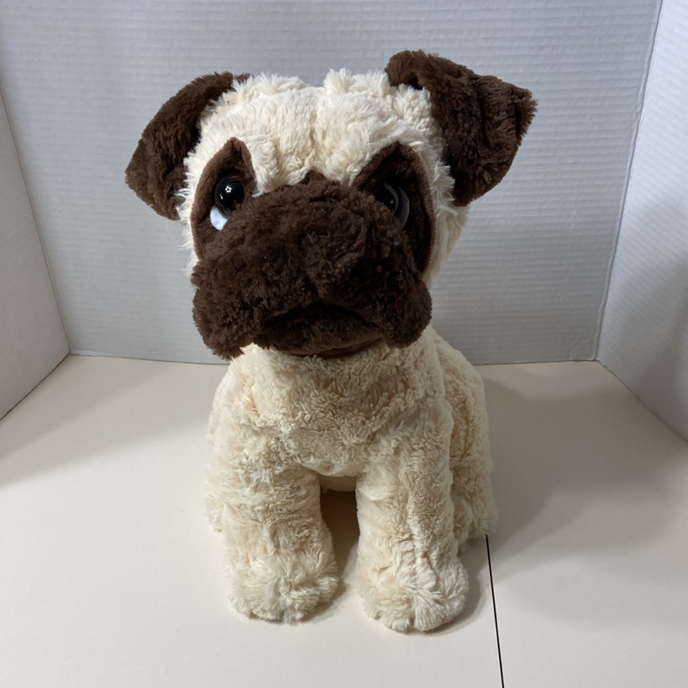 Realistic Pug Dog Plush Companion Soft Cuddly Stuffed Animal Brown Collar 14” - Picture 3 of 9